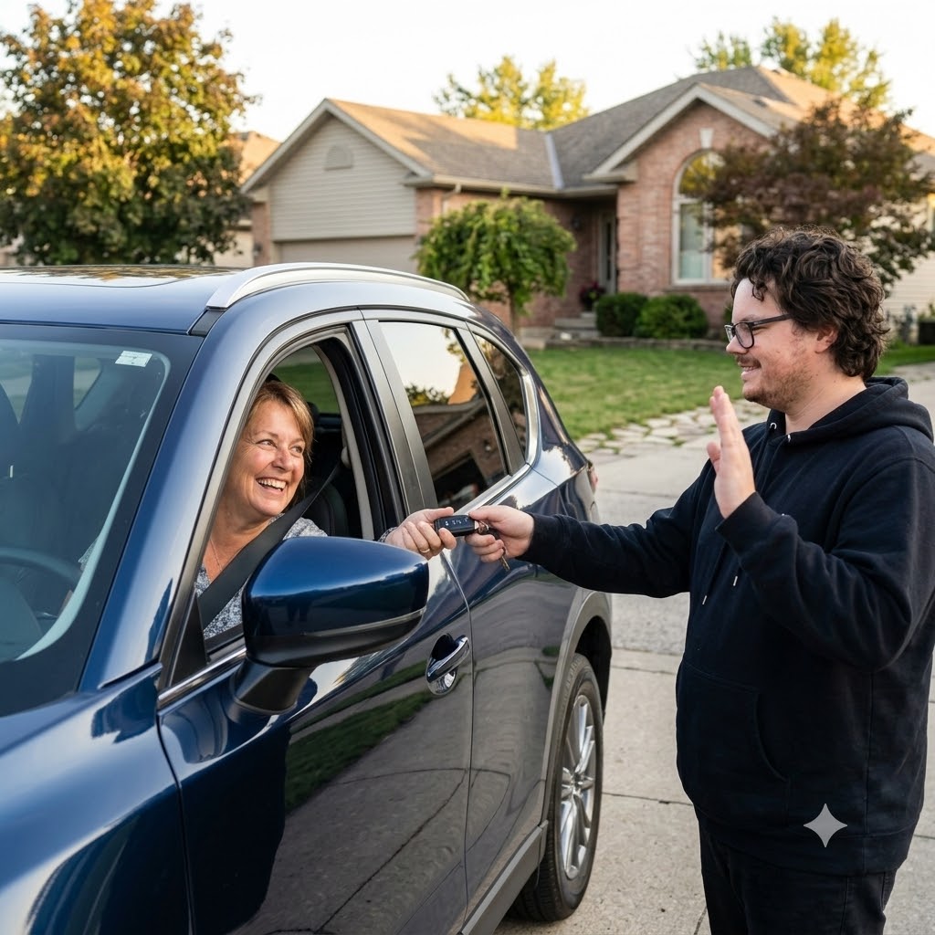Oren handing over a vehicle at a customer's home